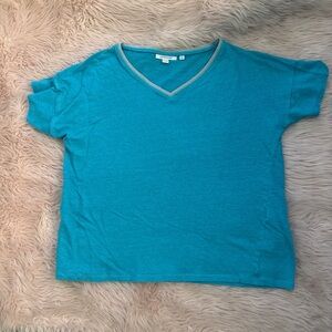 Eileen Fisher Bright Teal V-Neck Linen-Blend Tee